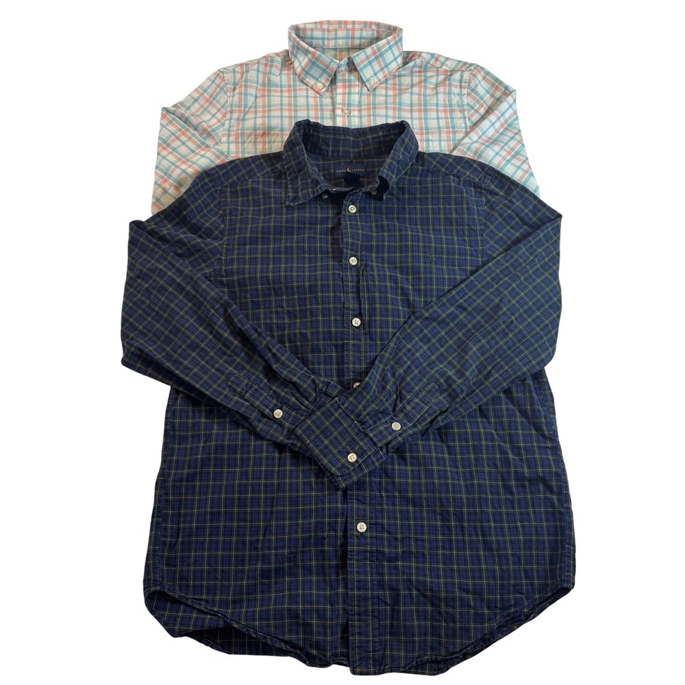 2 Boy's Long Sleeve Plaid Button Down Shirts Ralph Lauren & Southern Tide Size L